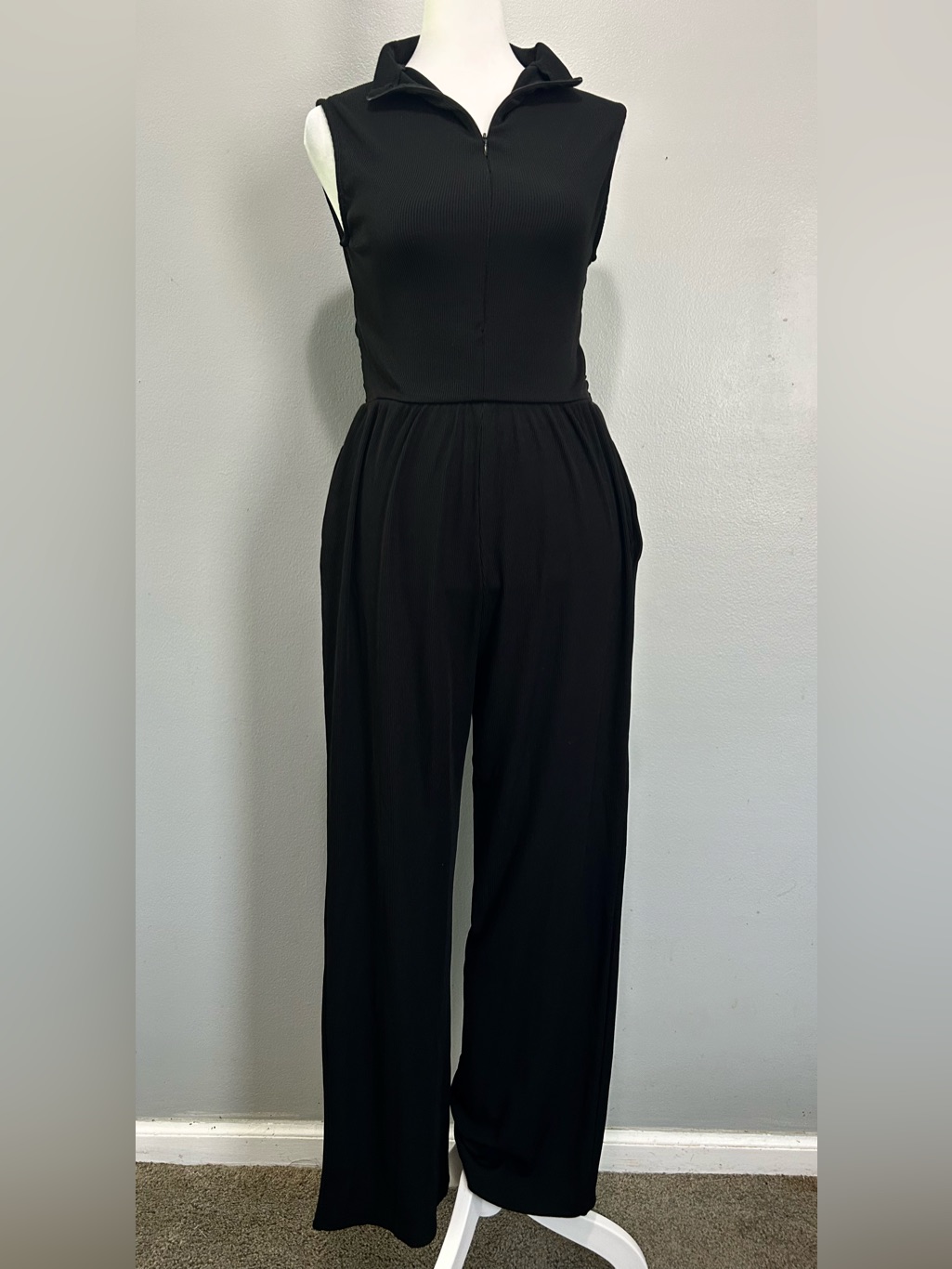 Women's Black Straight Leg Sleeveless Jumpsuit Soft Stretch Rubbed Zip Front